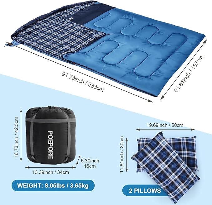 Double Sleeping Bag Flannel for Adults with 2 Pillows 2 Person Sleeping Bags Camping XXL Queen Size Two Person Sleeping Bag for Cold Weather