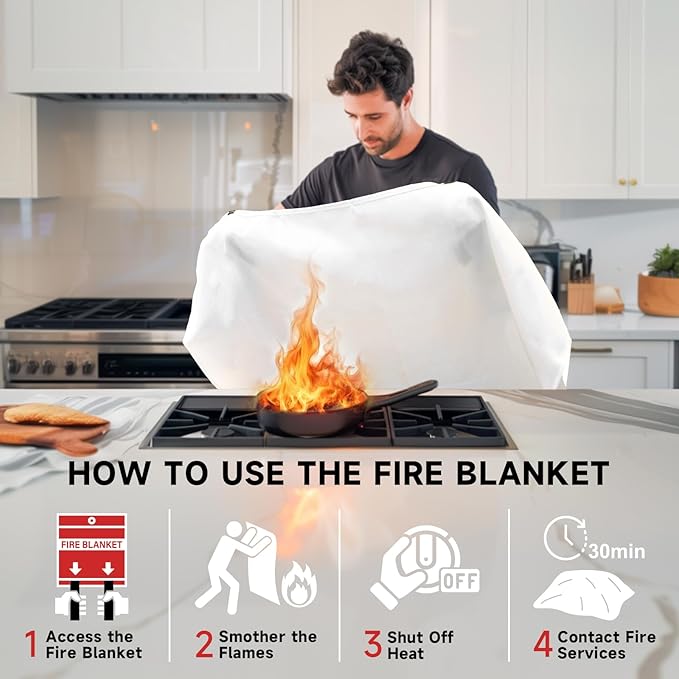 Fire Blanket Emergency for Home Kitchen - 40"x40" Fireproof Safety Protection Fiberglass Flame Retardant Blankets Survival Essential Kit for House Car Camping Outdoor Fireplace Grill BBQ - 4 Pack