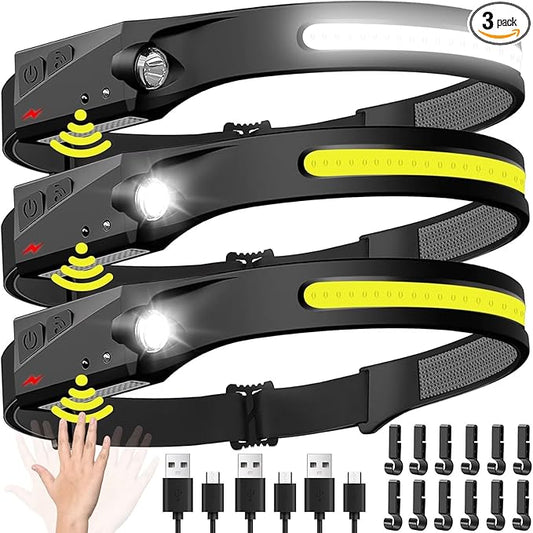 Headlamp Rechargeable 3PCS, 230° Wide Beam Head Lamp LED with Motion Sensor for Adults - Camping Accessories Gear, Waterproof Head Light Flashlight for Hiking, Running, Repairing, Fishing, Cycling