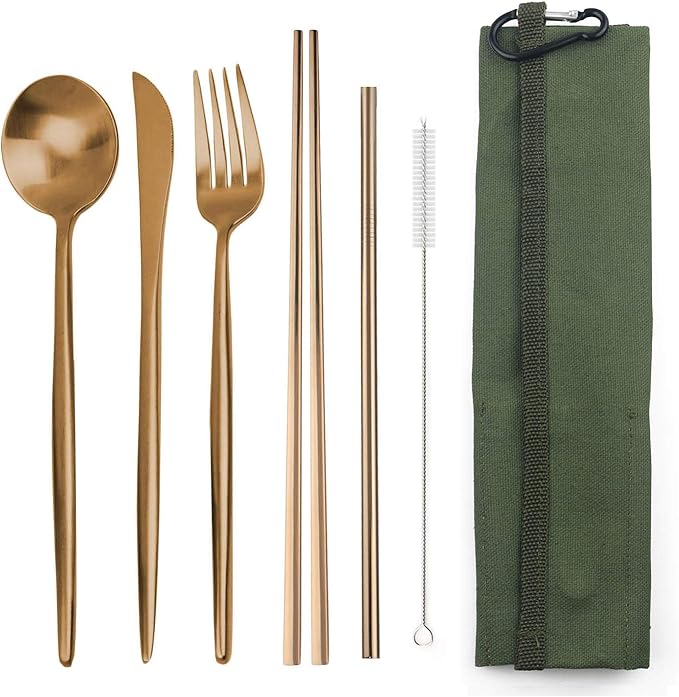 Portable 6 Pieces Flatware Set, 304 Stainless Steel Knife, Fork, Spoon, Chopsticks, Metal Straw, Cleaning Brush, Durable Travel Cutlery Set, Army Green Pouch Bag, Rose Gold