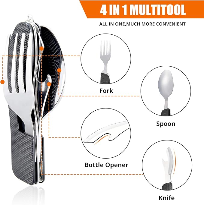 HIKENTURE Camping Utensils with Case 4-in-1 Folding Flatware Stainless Steel Fork Knife Spoon Bottle Opener Travel Cutlery Hobo Multitool Set(Black 2 Pack)