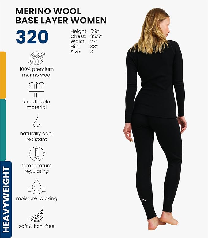 Merino.tech Merino Wool Base Layer Women Set - Heavyweight, Lite, Midweight Merino Thermal Underwear For Women Top, Bottom