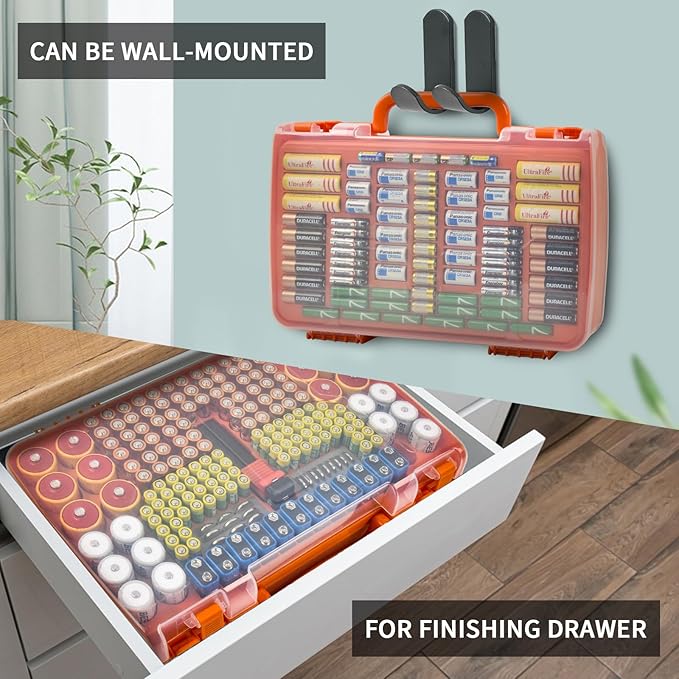 Battery Organizer Storage Holder Box Case with Tester- 269 Batteries Double-Sided Variety Pack, Holds AA AAA 4A C D Cell 9V 3V Lithium LR44 CR2 CR123 CR1632 18650 Button- Orange (Box Only)