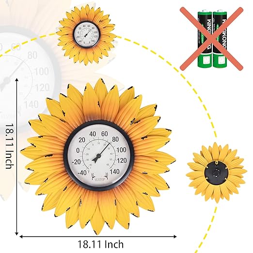 Outdoor Thermometers for Patio-Outdoor Thermometer - Patio Thermometer Wall Thermometer Sunflower Enclosure for Patio, Wall or Decorative, No Battery Required Hanging Thermometer
