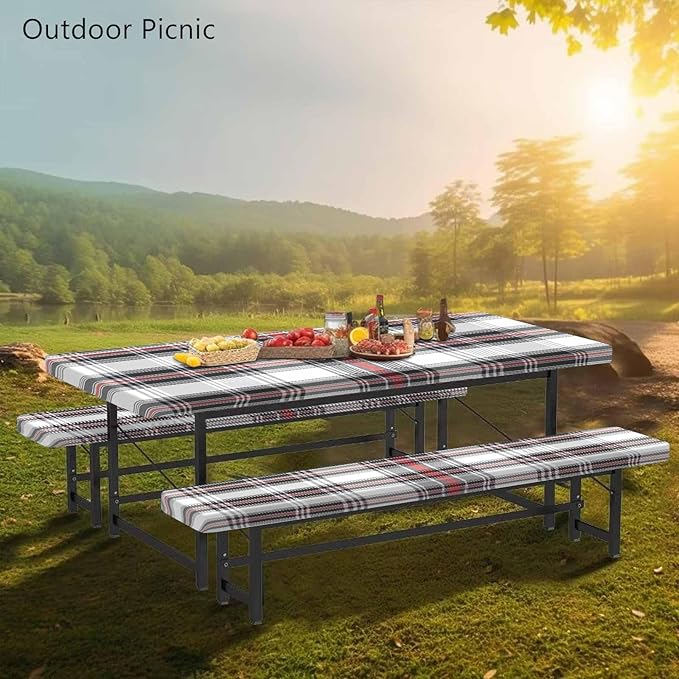 CAPSCEOLL Fitted Picnic Table Cover with Bench Covers with Elastic 6Ft Waterproof Camping Picnic Table Cover Cloths for Outdoors Camping Tablecloth with Drawstring Bag, 72X30in, Grey Red
