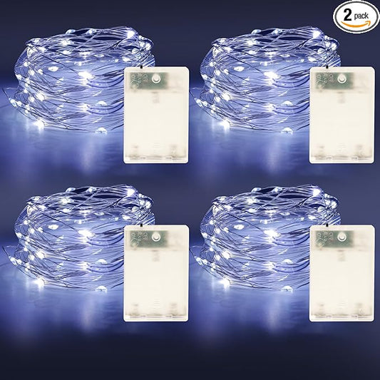 Fairy Lights Battery Operated String Lights 16.4ft 50LED Flashing and Constant Light Waterproof Silver Wire for Christmas DIY Party Bedroom Wedding (White, 4 Pack)