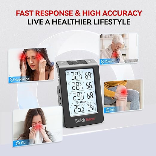 Solar Photosensitive Three Channel Thermo-Hygrometer, Wireless Temperature & Humidity Monitor with 330ft Range, 4.8" Digital Display, Smart Backlight, Real-Time Alerts, Black
