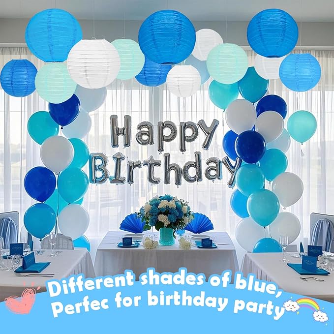 12Pcs Blue and White Paper Lanterns Assorted Sizes (6" 8" 10" 12") for Home Decor, Wedding, Birthday, Mamma Mia Party Decorations, Hanging Chinese Japanese Paper Lantern (3 Blue Colors)