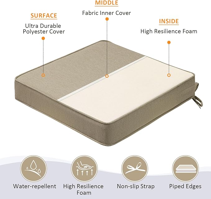 Square Corner Seat Cushions, 19" x 19" x 3", Set of 4, Indoor Outdoor Water Repellent Universal Chair Pads with Ties for Patio Furniture, Garden Deck Dining Chairs, Tan