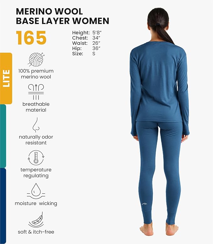 Merino.tech Merino Wool Base Layer Women Set - Heavyweight, Lite, Midweight Merino Thermal Underwear For Women Top, Bottom