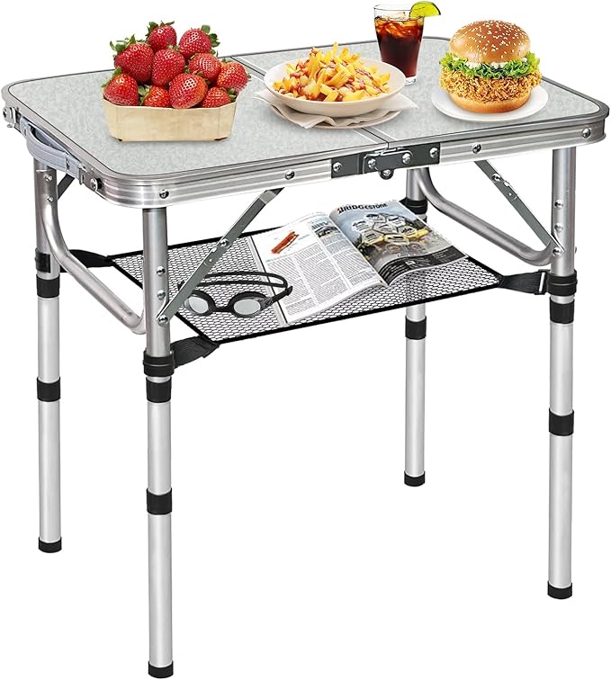 Small Folding Camping Table, Aluminum 3 Adjustable Height Foldable Table, 24" x 16" Portable Lightweight Picnic Table with Mesh Layer for Outdoor Indoor Beach Patio BBQ Backpacking(White)