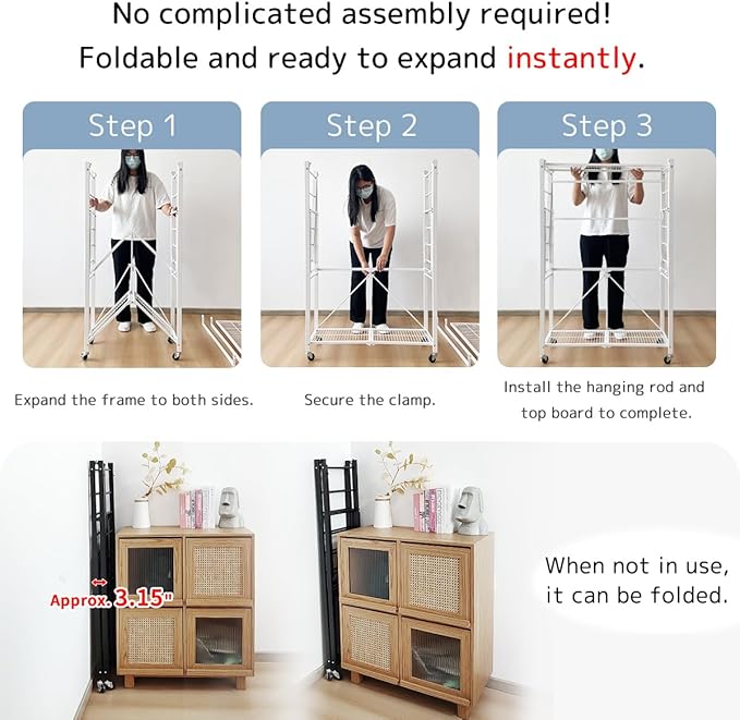 lumizone Folding Clothing Rack with Wheels Expandable Wardrobe Portable Clothes Rack for Hanging Clothes Adjustable Closet Shelves Garment Rack Durable Closet Racks for Hanging Clothes (Pro White)