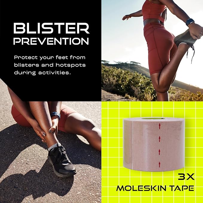 Moleskin Tape - 3 Rolls - 2in x 16ft - Blister Prevention for Foot, Toe & Heel | Water Resistant & Hypoallergenic | Thin Mole Skin Padding & Athletic Tape for Running, Hiking, Walking