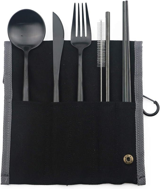Portable 6 Pieces Flatware Set, 304 Stainless Steel Knife, Fork, Spoon, Chopsticks, Metal Straw, Cleaning Brush, Durable Travel Cutlery Set, Black Pouch Bag, Black