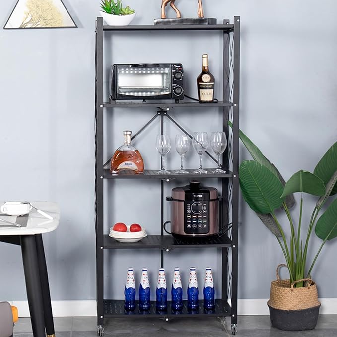 Life Hacks 2pcs 4-Tier Foldable Shelves for Storage, No Assembly Required, Folding Shelf Unit Pantry Shelves with Wheels, Metal Shelving Storage Rack Shelf for Kitchen Garage Home