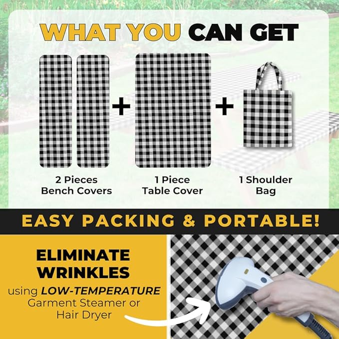 RNOONY Vinyl Fitted Picnic Table Cover with Bench Covers and Bag,8ft Outdoor Waterproof Picnic Tablecloth with Elastic Edges, 96x30 Inches 3 Pcs Set (Black Checkered)