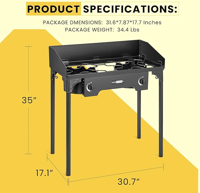 VIVOHOME 150,000 BTU Double Burner Propane Stove, Heavy-Duty Outdoor Portable Camp Stove with Windscreen & Detachable Legs for Camping, Backyard, BBQ Cookouts