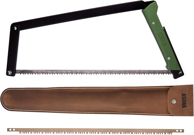 AGAWA - BOREAL24 Backwoods KIT - 24 Inch Folding Bow Saw, Premium Leather Sheath, Additional Aggressive Blade (Black Frame - Green Handle)