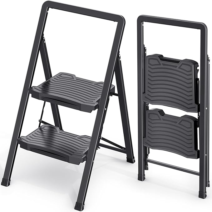 KINGRACK 2 Step Ladder 800lb Capacity, Folding Step Stool with Wide Anti-Slip Pedal & Safety Handrails, Lightweight Steel Ladder for Kitchen, Pantry, Office, Black