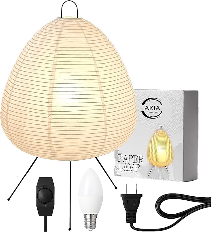 Noguchi Akari Rice Paper Lantern Lamp ??Dimmable Japanese Table Lamp with Washi Paper Shade, Bulb Included ??Japandi Bedside, Desk Light