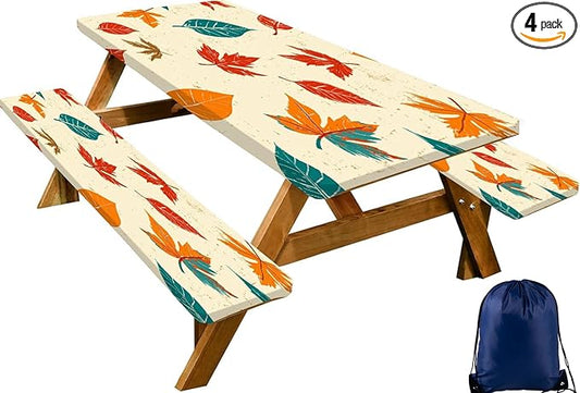 CAPSCEOLL Fitted Picnic Table Cover with Bench Covers with Elastic 8Ft Waterproof Camping Picnic Table Cover Cloths for Outdoors Camping Tablecloth with Drawstring Bag, 96X30in, Maple Leaf