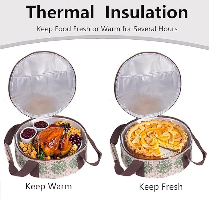 Round Insulated Pie Carrier – Thermal Portable Lunch Transport Cheesecake Cake Dish Container Bag Keep Food Hot/Cold/Fresh for Potluck Parties Gathering/Picnic/Church Dinner/Outdoor Events-Brown
