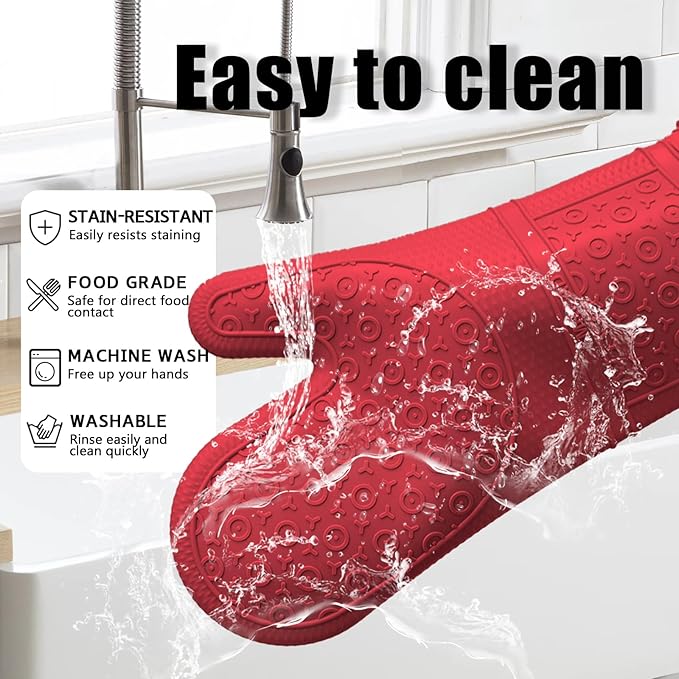 Oven Mitts with Heat-Resistant Hot Pads and Five Silicone Spatulas Designed for Kitchen Baking Cooking, Oven Glove Soft Cotton Lining, Waterproof, BPA-Free (RED, 12.6)