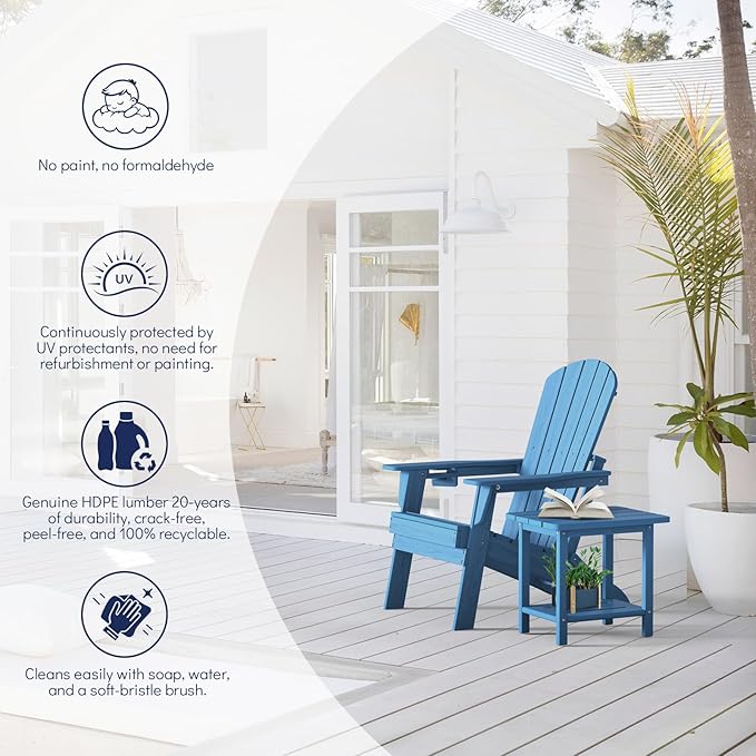 Folding Adirondack Chair Set of 2 with Cup Holder,Heavy All-Weather,Wooden Textured,HDPE Outdoor Chairs, Patio Backyard Fire Pit, Light Blue