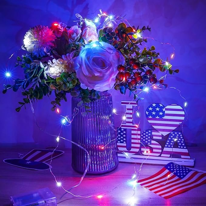4th of July Decorations, 4-Pack Red White and Blue Fairy Lights Battery Operated with Timer, Waterproof 16FT 50 LED Starry String Lights Indoor Outdoor for Independence Day Memorial Day DIY Home Decor