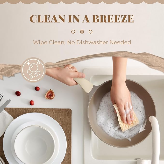 Nonstick Deep Frying Pan with Glass Lid, 10 Inch (3.2 qt), 5X Durable Nonstick Sauté Pan, Scratch & Stain Resistant, PFOA Free, Induction Compatible, Dishwasher & Oven Safe, Natural Linen