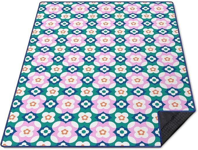 Block Floral Picnic Blankets Waterproof Foldable, 60″X80″Boho Thick Picnic Mat Outdoor Blanket for Grass,Cute Beach Blanket Sandproof Picnic Accessories for Camping Picnic Party Park Hiking