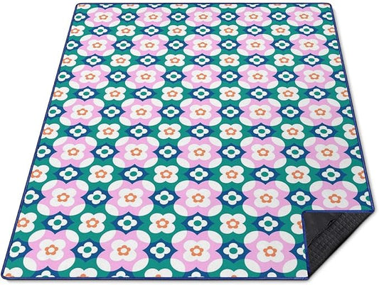 Block Floral Picnic Blankets Waterproof Foldable, 60″X80″Boho Thick Picnic Mat Outdoor Blanket for Grass,Cute Beach Blanket Sandproof Picnic Accessories for Camping Picnic Party Park Hiking