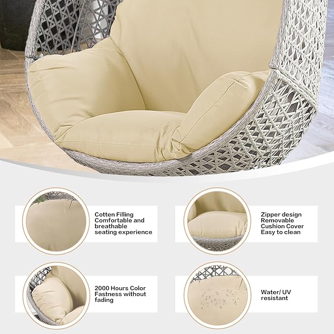 PRIVATE GARDEN Large Hanging Egg Chair with Stand Upgraded Wicker Egg Swing Chair Outdoor Indoor PE Rattan Hanging Chair with Beige Comfort Cushion Heavy Duty C-Stand