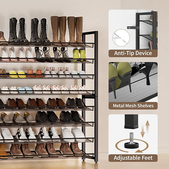 Metal Shoe Rack,Large 8 Tier Shoe Organizer, Heavy Duty Metal 4-Tier Stackable Shoe Storage Vertical Shoe Rack for Closet Front Door,Entrance,Entryway,GarageUp to 50 Pairs,Black