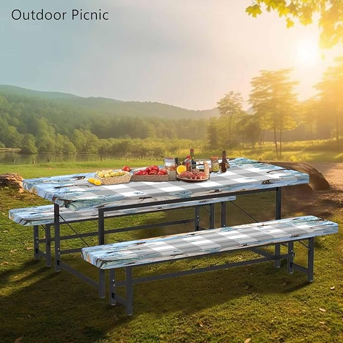 CAPSCEOLL Fitted Picnic Table Cover with Bench Covers with Elastic 8Ft Waterproof Picnic Table Cloths Windproof Outdoor Camping Tablecloth with Drawstring Bag, 96X30in, Blue Pumpkins