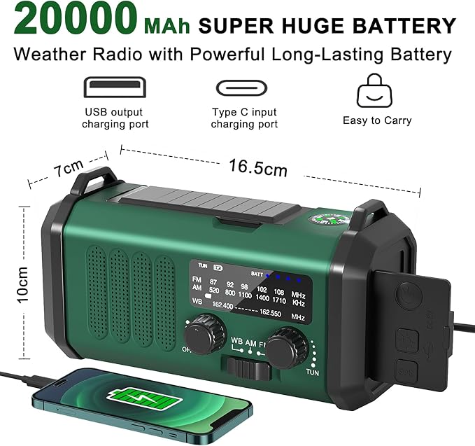 Emergency Radio NOAA Weather Radio with Hand Crank & Solar Charging 20000mAh Battery Built-in Flashlight, Reading Light & SOS Alarm AM/FM Weather Bands Compact & Portable for Camping & Emergencies