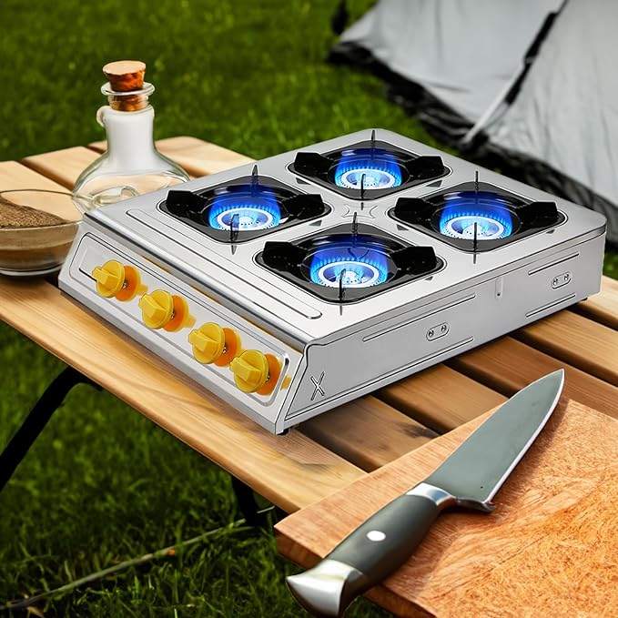 Vivicreate 4 Burner Propane Gas Stove 40000 BTU Stainless Steel Cooktop with Enamel Pan Support Electronic Ignition for Camping Outdoor Cooking BBQ Estufa de Gas Portátil Fogón de Gas