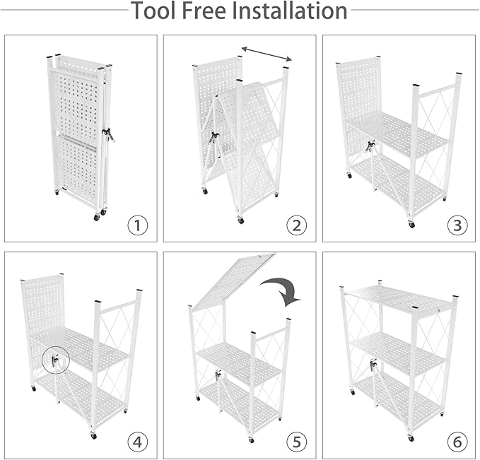 3 Tier Foldable Storage Shelf with Wheels, Heavy Duty Garage Shelving Unit Loads 550 LBS, Metal Steel Collapsible Shelves, Rolling Standing Utility Rack for Kitchen, Pantry, Office, White