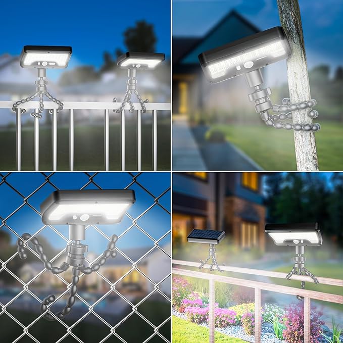 Tryme Solar Lights Outdoor with Motion Sensor, USB & Solar Powered, Adjustable Angle, 3 Modes, Octopus Stand, IP65 Waterproof Fence Lights for Garden, Gate (2 Pack)