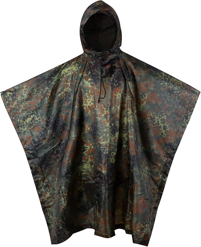 GRVCN Military Rain Poncho, Camouflage Raincoat Outdoor Waterproof Lightweight