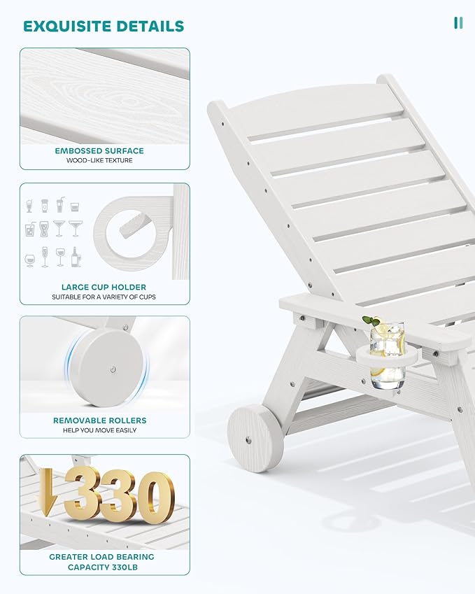 SERWALL Patio Chaise Lounge Chair Set of 8, 5 Positions Adjustable Poly Outdoor Lounge Chair for Pool, HDPE Lounge Chair with Rolling Wheels & Cup Holder for Poolside, Deck, White
