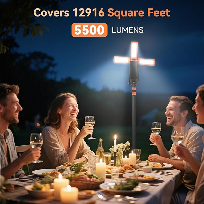 Rechargeable Camping Light with Stand 7ft Max Height, 15000mAh Portable Cordless LED Work Light, 5500 Lumen 6500/4500/3500K Dimmable Emergency Flashlight with Detachable Tripod, Orange