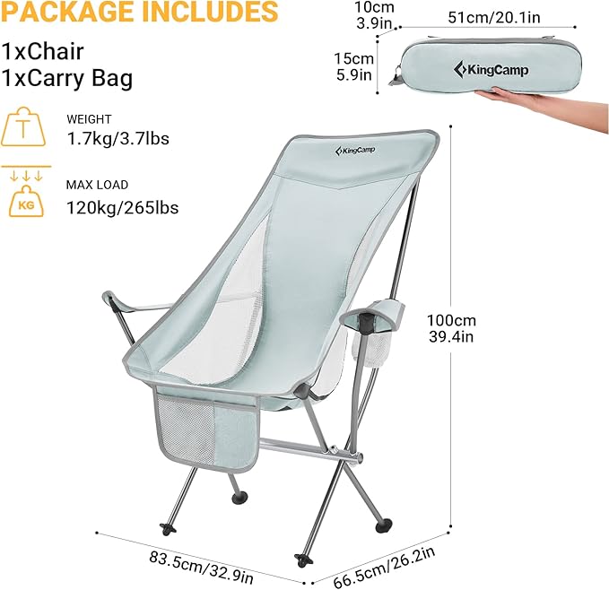 KingCamp Lightweight Compact Camping Folding Chair, Adjustable Height Ultraight Backpacking Chair for Outdoor Hiking, Picnic, Beach, Travel Chairs with Carry Bag