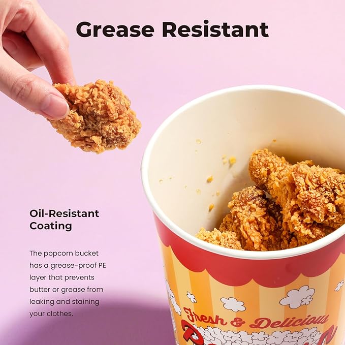 Fit Meal Prep 25 Pack Classic Paper Popcorn Buckets Disposable, 64 Oz Grease Resistant Popcorn Bowls Cups for Machine Home Theater Carnival Movie Night