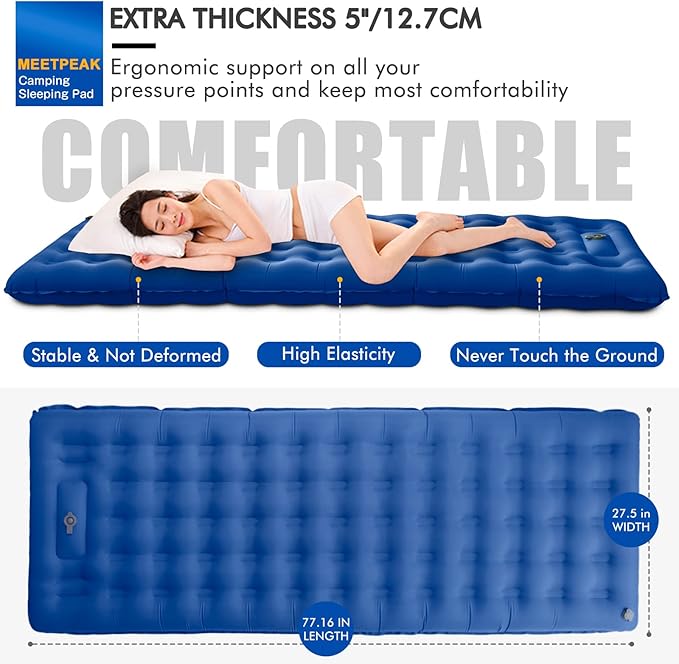 MEETPEAK Camping Sleeping Pad, 5 Inch Extra Thickness Inflatable Sleeping Mat Built-in Foot Pump, Compact & Lightweight Camping Air Mattress for Hiking, Traveling, Backpacking, Tent