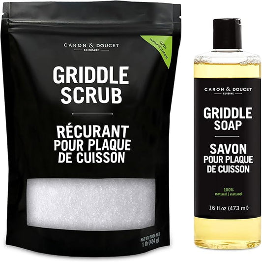 CARON & DOUCET - 100% Plant-Based Griddle Cleaning Soap and Salt Scrub Set: Best for Removing Rust & Cleaning Burnt On Food While Seasoning Griddle