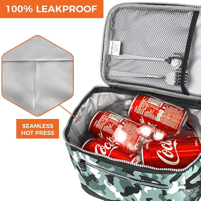 opux Insulated Lunch Box Men Women, Lunch Bag for Work School, Leakproof Soft Cooler Tote Adult, Large Lunch Pail Kids Boys Girls, Picnic Beach Food Bag with Shoulder Strap, Camo Green