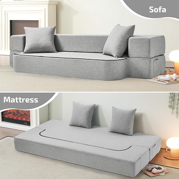 2-in-1 Folding Sofa Bed with Pillows - Folding Chair Floor Couch & Sleeping Mattress - Washable Cover & Memory Foam Sleeper Chair for Living Room/Guest Room/Apartment/Loft, Light Gray, Twin XL