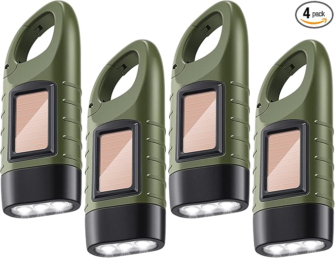 4 Pieces Hand Crank Solar Powered Flashlight LED Rechargeable Flashlight Survival Emergency Hand Crank Lantern Snap Carabiner Torch for Outdoor Sports Camping Hiking