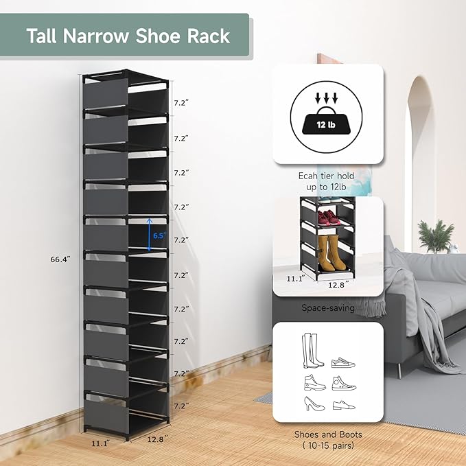 Vertical Narrow Tall Shoe Rack for Front Door Entrance,10 Tiers Sturdy Metal Shoe Rack Organizer for Closet Entryway, Storage Shelf, Space Saving Stackable Shoe Tower